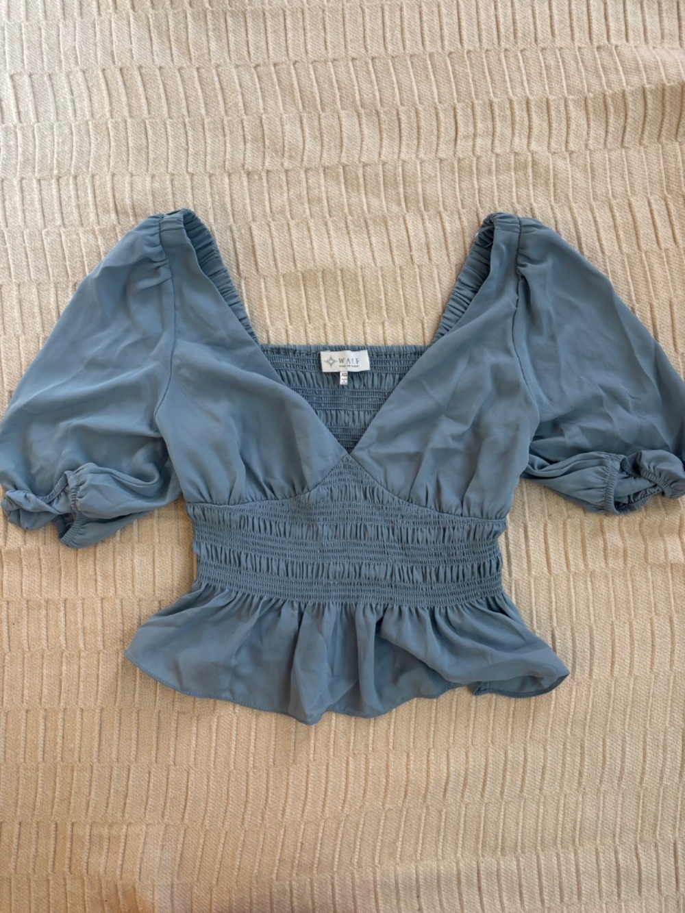WAYF Puff Sleeve Smocked Peplum Crop Top In Dusty Blue